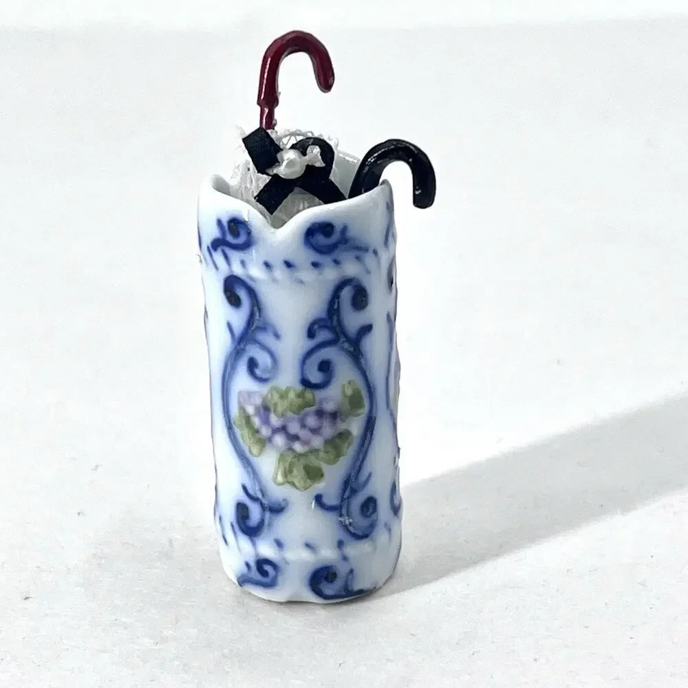 Vintage Ceramic Umbrella Holder with 2 Umbrellas Dollhouse Miniature 1:12